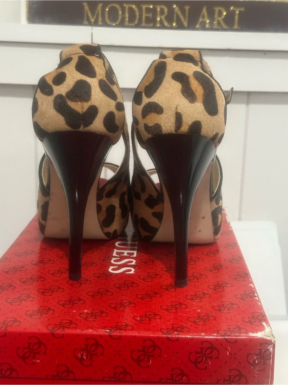 GUESS Leopard-Print Peep-Toe Slingback Heels with Red Platform